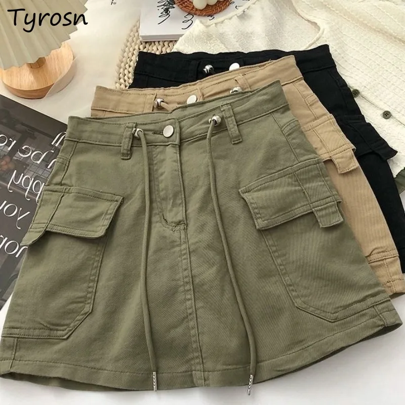 

Mini Skirts with Safety for Women Summer Girls Clothing All-match Simple Pockets Retro Design High Waist Drawstring Niche Casual