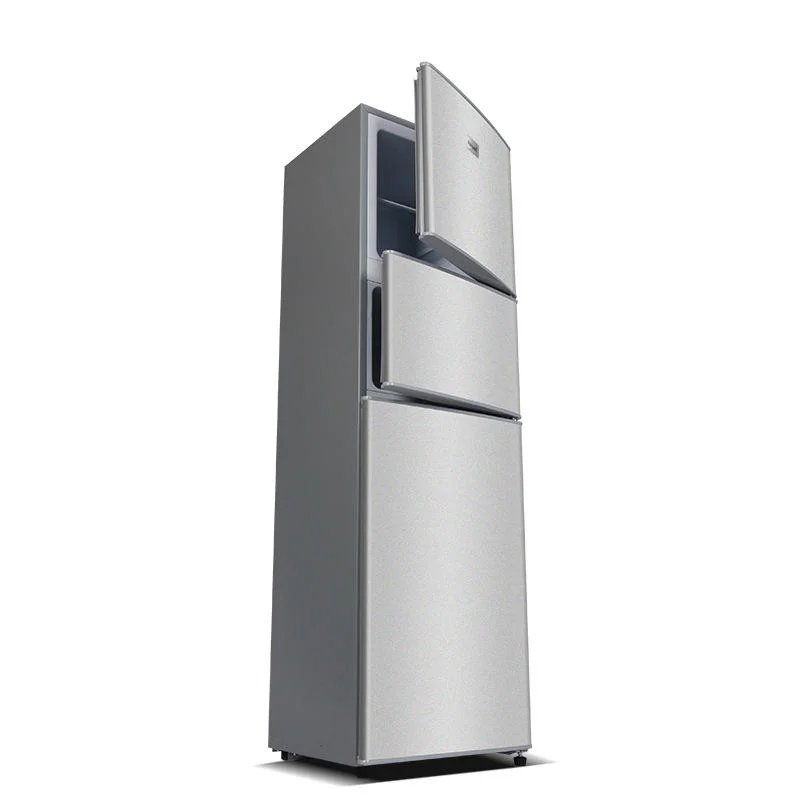 Geladeira pequena D 108L com três portas para uso familiar, com funções de refrigeração e congelamento e manutenção de alimentos frescos