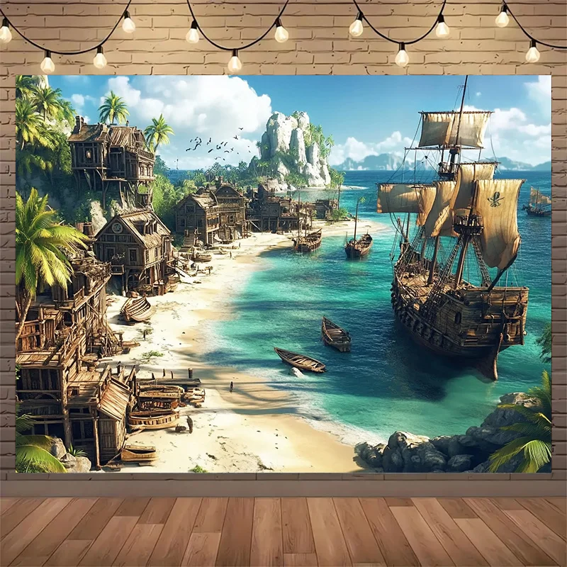 Tropical Pirate Cove Wall Tapestry Hanging Polyester Art Ocean Beach Adventure Nautical Pirate Ship Jungle Decor Print Canvas