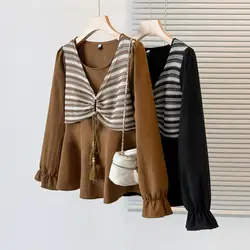 New Fashion Casual Stripe Splicing Fake Two Piece Long Sleeved Shirt Women's T-shirt Retro Versatile Comfortable Top Trendy