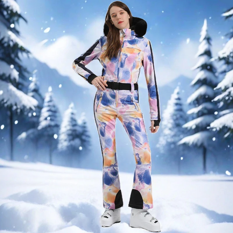 Women Slim Fit Skiing Suites Outdoor Waterproof Warm Snowboard Clothes Female One-piece Ski Tracksuits Winter New Snow Jumpsuits