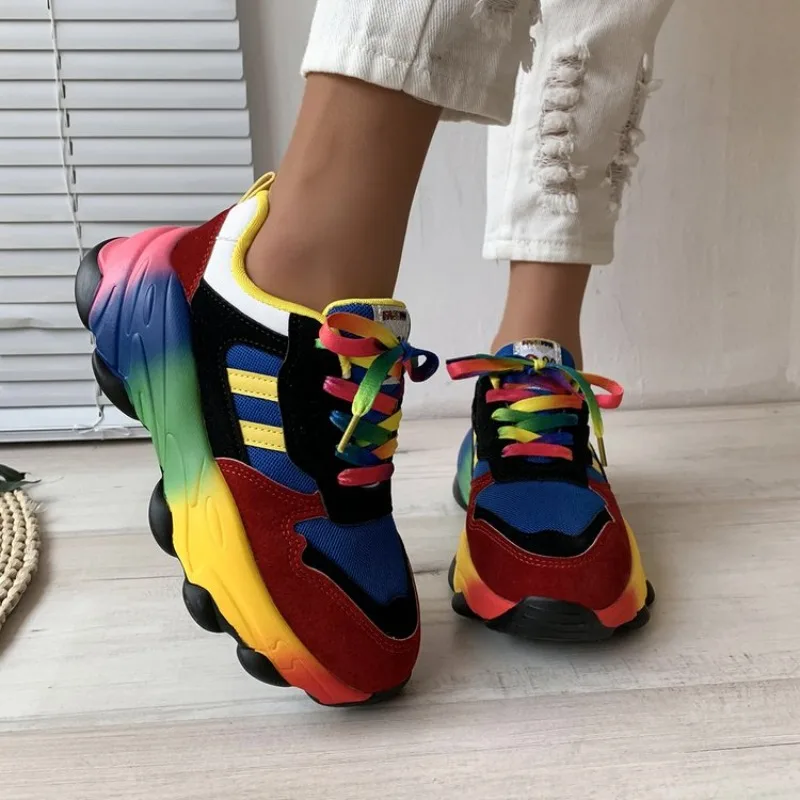 Sneakers Women\'s Platform Sports Shoes Rainbow Lace Up Multicolor Real Leather Vulcanize Shoes Casual Running Shoe Footwear