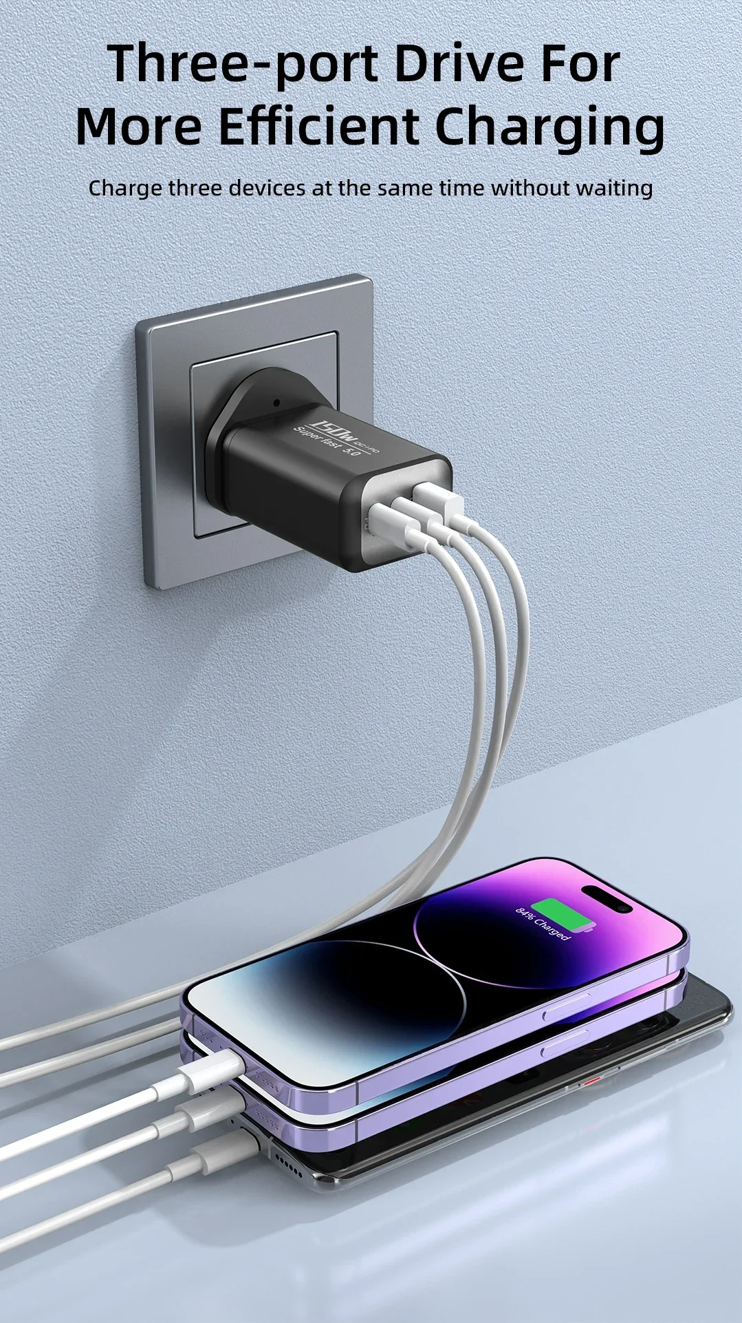 150W Schnelllade-USB-Typ-C-Ladegerät QC3.0 Handy-Ladegerät USB-Reiseadapter für iPhone 17 Samsung Xiaomi EU/UK/US-Stecker – Detail 2