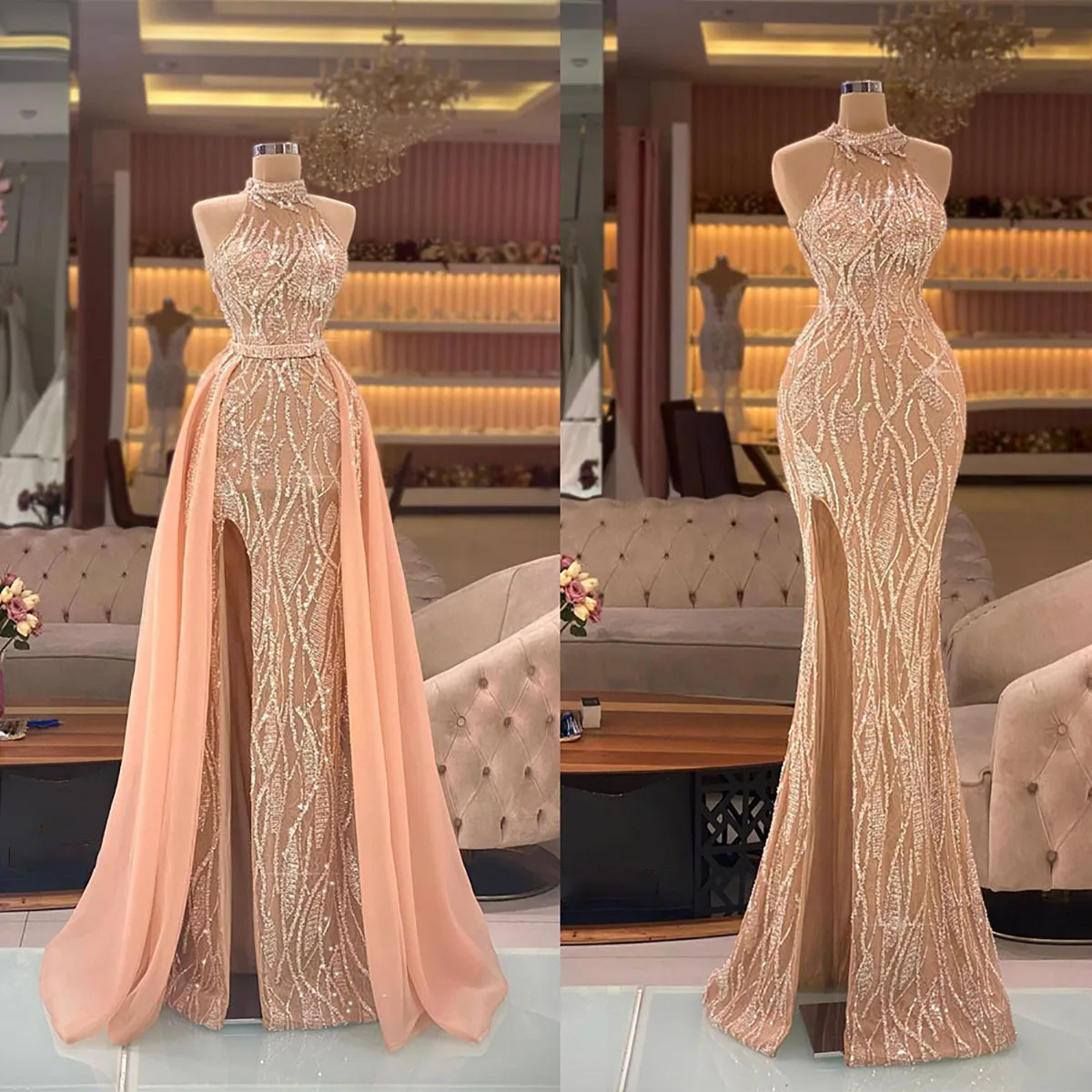 

Glamorous Evening Dress Formal Occasion Dress Sleeveless Applicants Belt Detachable Train Side Split Prom Dress Vestido De Noite