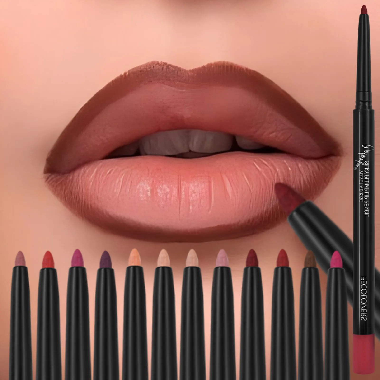 Matita per labbra opaca impermeabile a 12 colori, linee delle labbra di lunga durata facili da scivolare e difettono, morbido velluto adatto a tutti i tipi