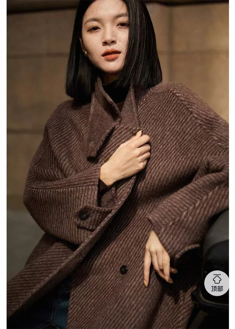 Wool Blends Coat Women Korean Thicken Long Jackets Oversized Lace Up Outwear Double-sided Cardigan Woolen Overcoat