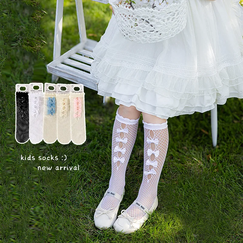Cute Lolita Mesh Knee Socks for Girls Children's Fishing Net Stockings Sweet Bowknot Bows Design High Stockings New Kids Gifts