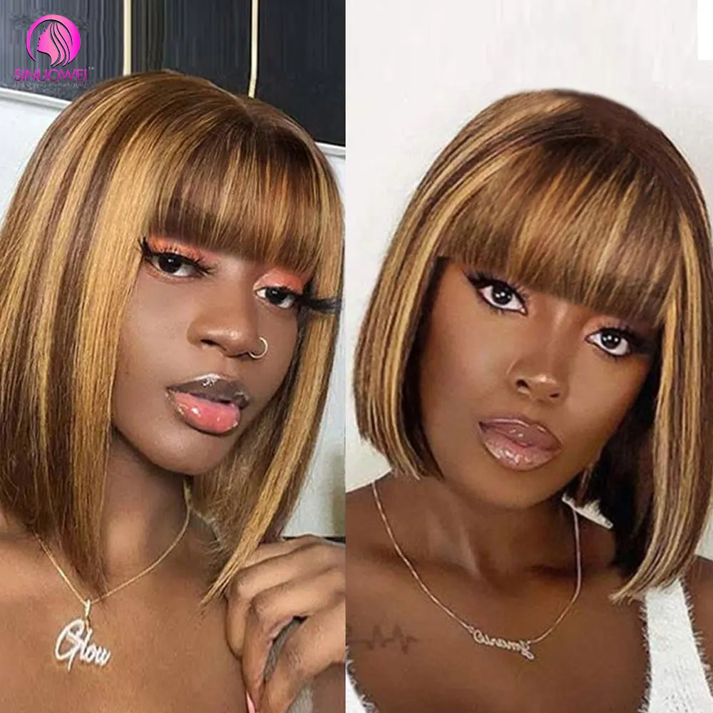 Ombre Highlight Honey Blonde Full Machine Made Wig With Bangs Short Straight Hair BoB Wigs Brazilian Remy Hair For Women Wig