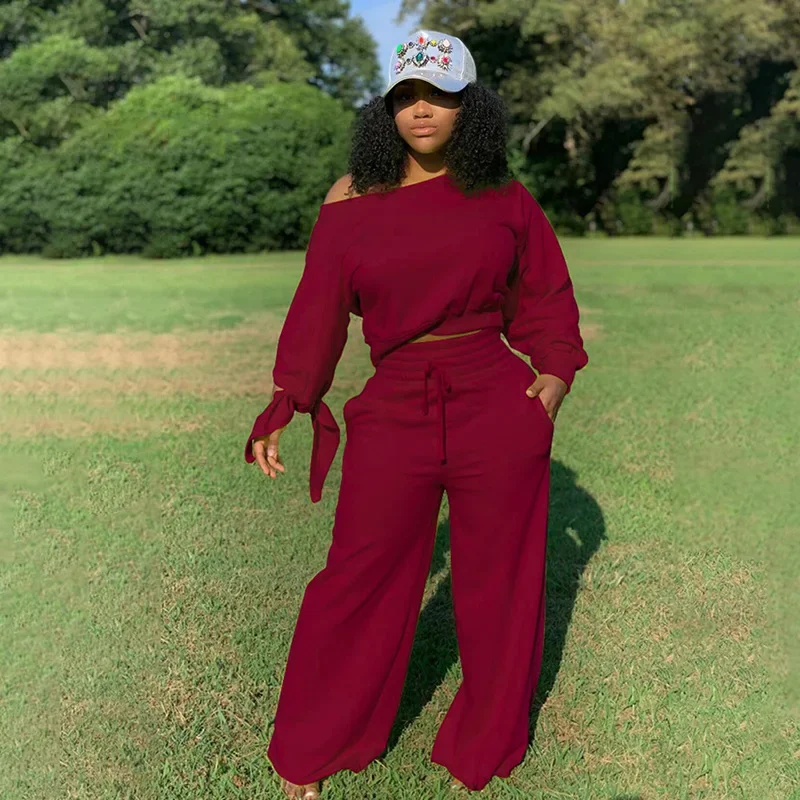 נשים דו-חתיכות בצבע מוצק הצוואר העליון שרוולים ארוכים עם מכנסי פליז להגדיר עבור סתיו/חורף 2024