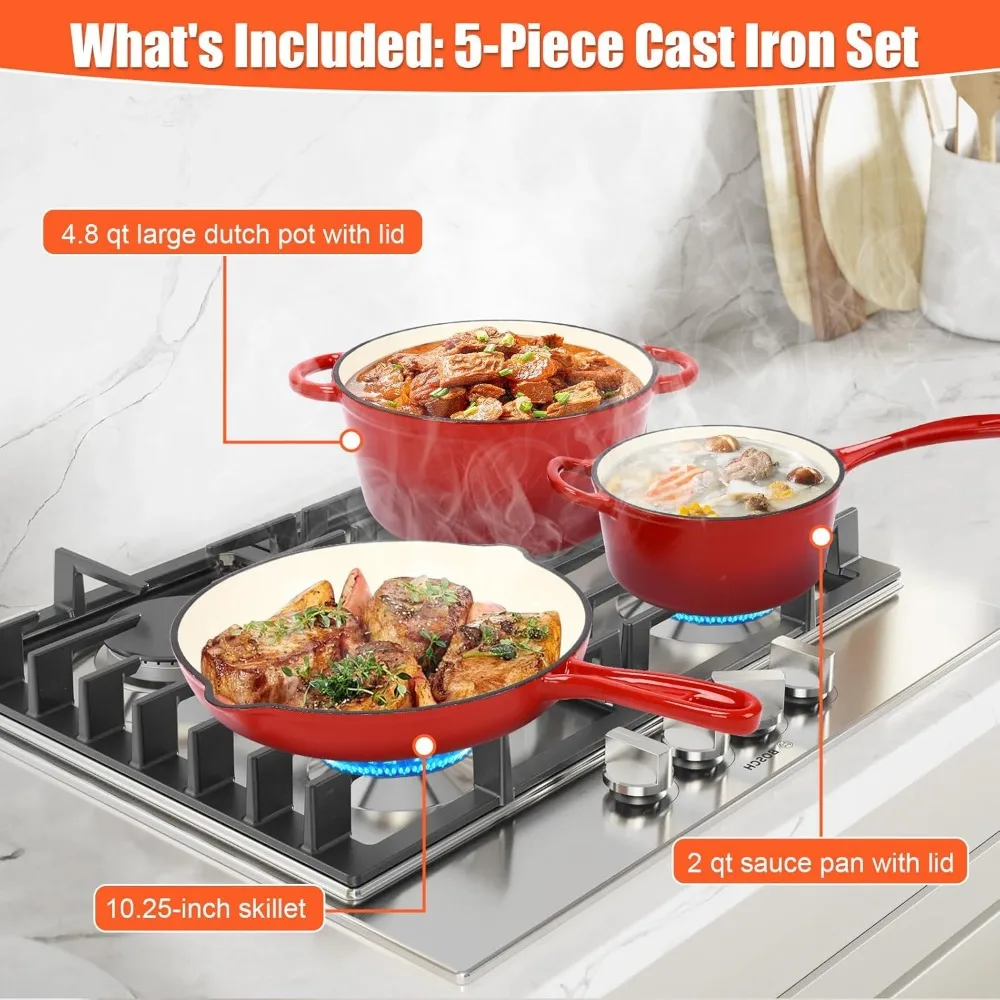 Nonstick Enameled Cast Iron Cookware Set, 5-Pcs Pots and Pans with Lid, Frying Pan Skillet, Sauce Pan, Healthy Round Dutch Oven