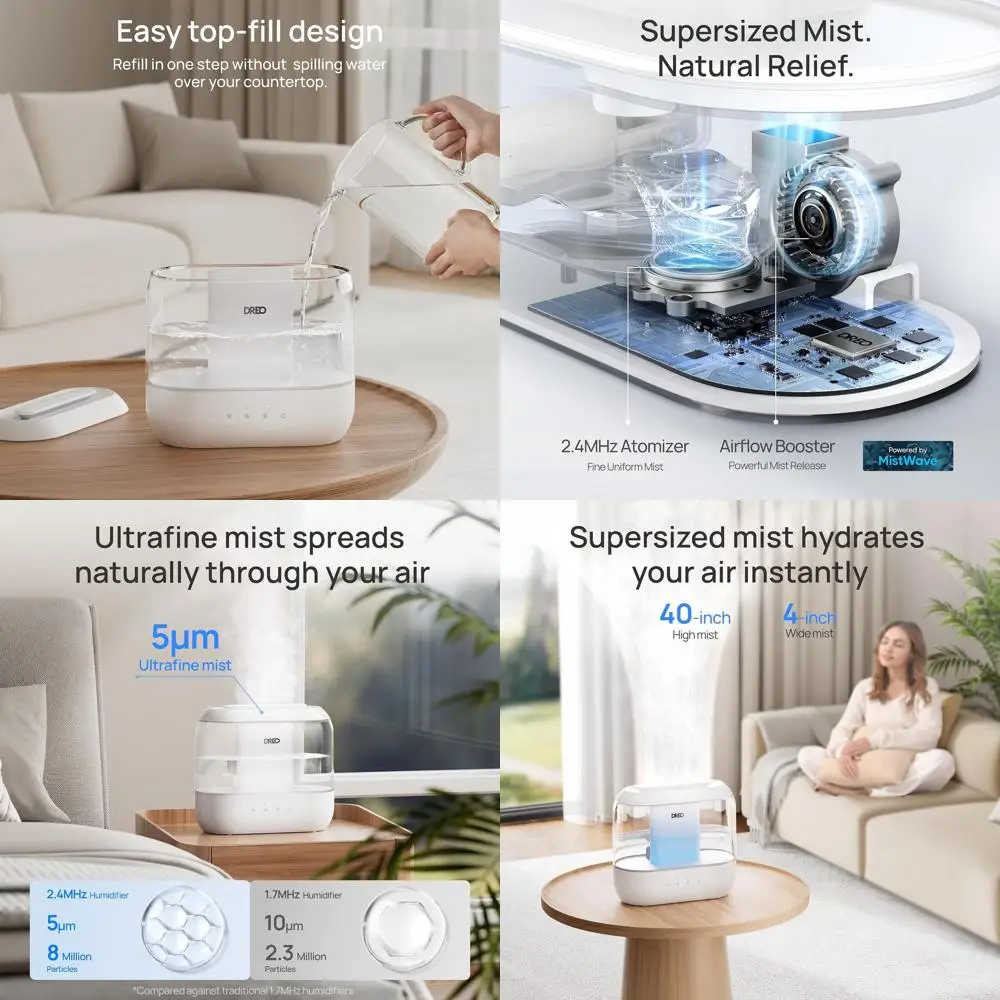 

Увлажнитель воздуха для больших помещений с верхним наполнением, 4 л, 36 часов работы, ультратихий, идеально подходит для детской комнаты, растений, с ночником, простое обслуживание