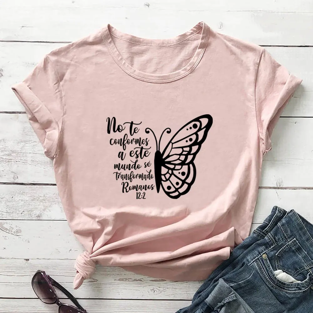 No Te Conformes Butterfly Print Spanish Shirt Christian 100%Cotton Women Tshirt Women Funny Summer Casual Short Sleeve Top Tee