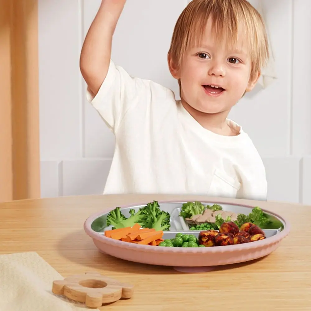

Divided Design Silicone Suction Cup Kids Plates 304 Stainless Steel Detachable Children 3 Grids Dishes Non-Slip Anti-fall
