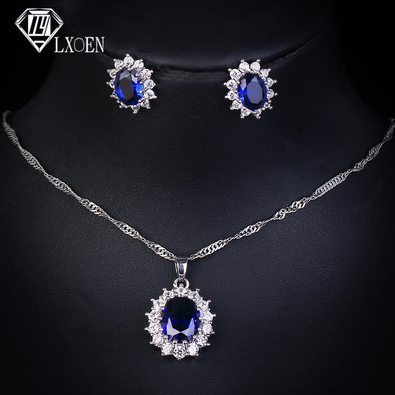 LXOEN Classic Oval Blue Crystal Jewelry Sets for Women White Gold Color Queen Style Wedding Set  Necklace and Earing Set