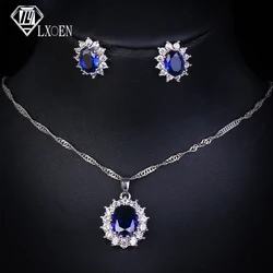 LXOEN Classic Oval Blue Crystal Jewelry Sets for Women White Gold Color Queen Style Wedding Set  Necklace and Earing Set