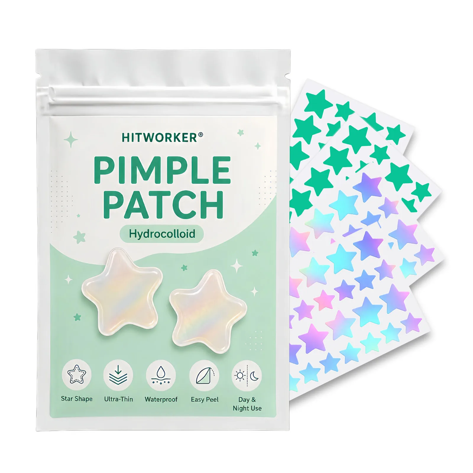 112pcs Hydrocolloid Pimple Patches, Green Star Spot Cover Stickers, Colorful Face Patch Set, Ultra-Thin Easy Peel Day Night Use