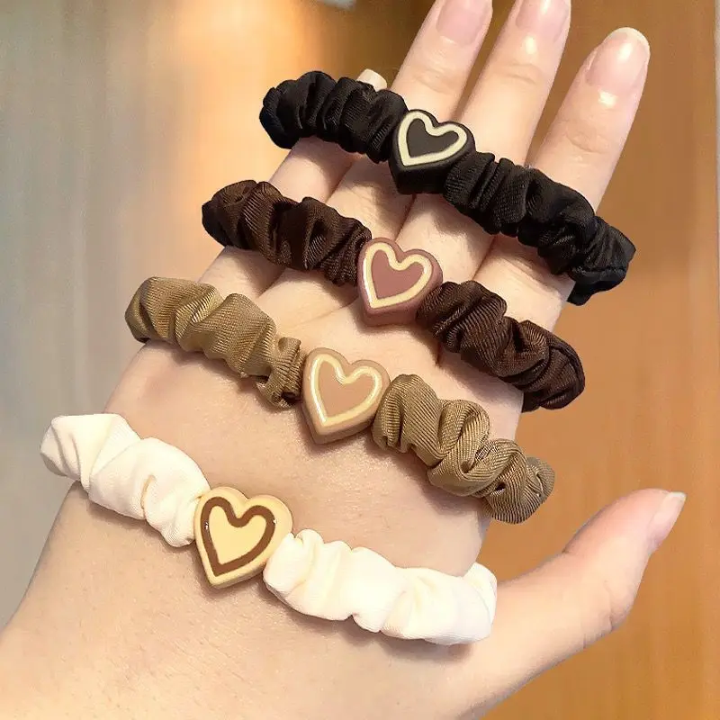 

100PCS New Coffee Color Love Pendent Hair Tie, Girl Cute Bowknot Hair Tie Elastic Rubber Hair Bands Hair Accessories For Women