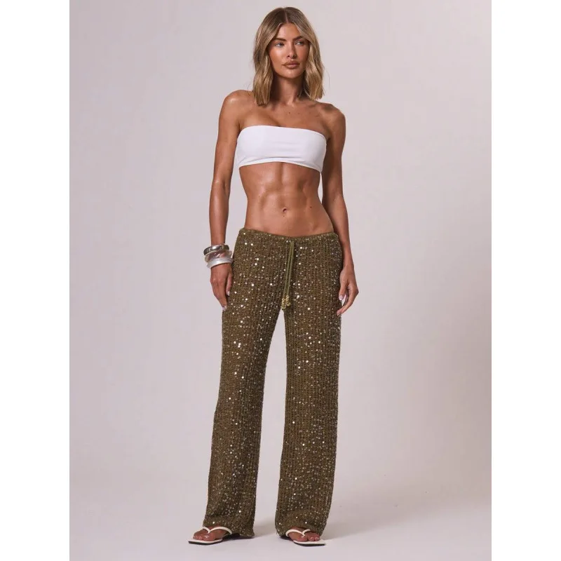 

Low Waist Beaded Casual Pants Neutral Style Other Material 100% Spring Collection Neutral Fit Fashionable Detailing