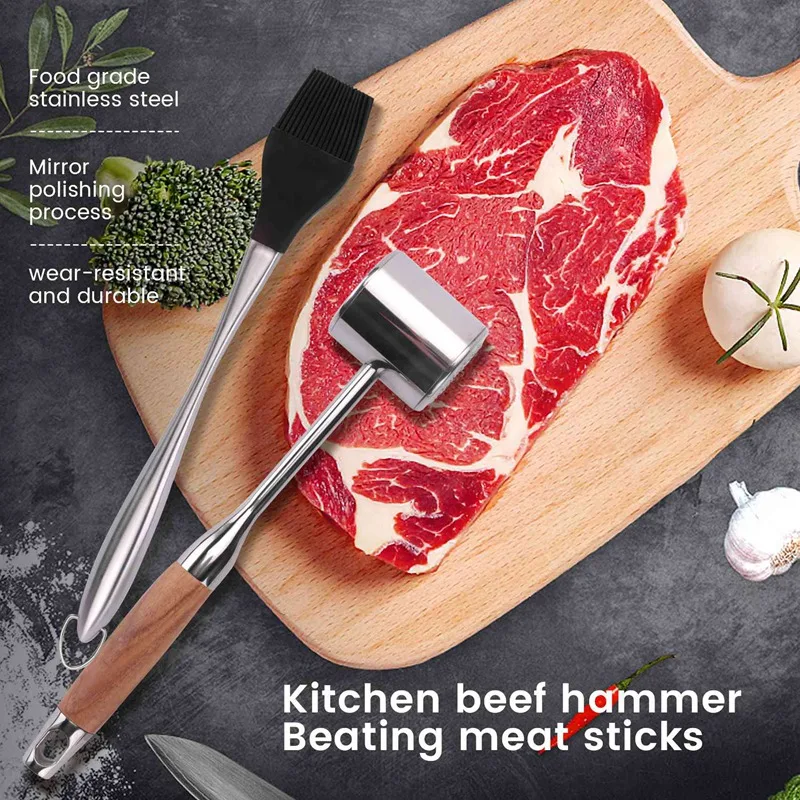 Double-Sided Meat Tenderizer Hammer With Non-Slip Wooden Handle, Steak Hammer With Silicone Oil Brush