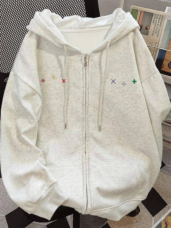 

American Sle Fce Lined Oversized Hoodie Women's Spring Autumn New Zipper Design Couple's Open Cardigan Outerwear