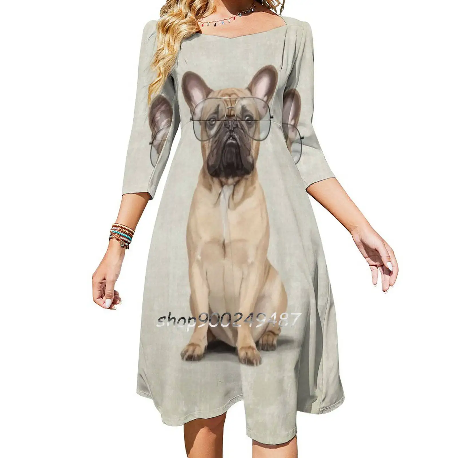 Mr Bulldog Dresses For Women A-Line Korea Style Slim Long Sleeve Dress Pet Dog Cute French Bulldog Bulldog Art French Bulldog