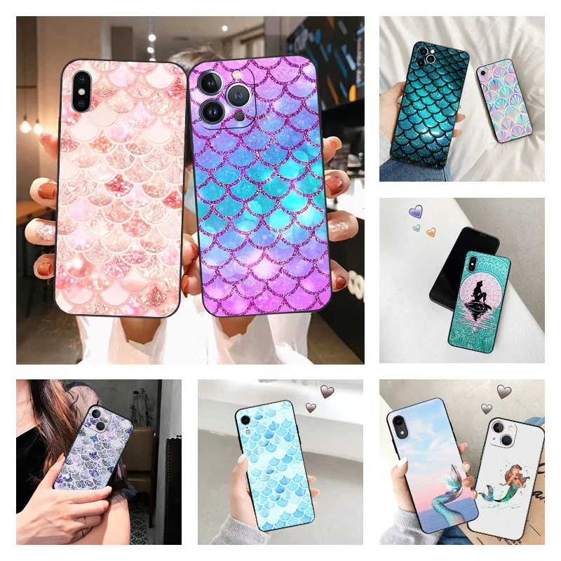 Funda de teléfono para iPhone 16ProMax 14 13 15 Pro Max 12 11 XR SE 7 8 16 Plus sirena colorido brillante escamas funda de silicona negra suave
