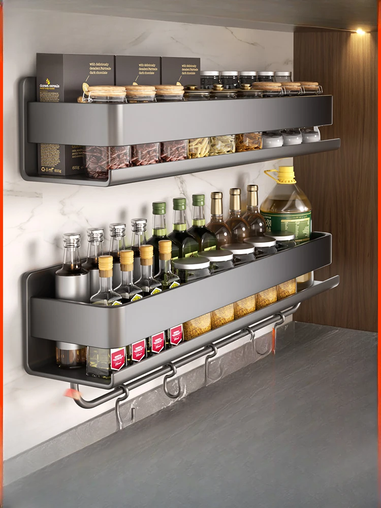 Gun ash kitchen spice shelf, non-perforated, wall-mounted, multi-functional stainless steel seasoning storage shelf