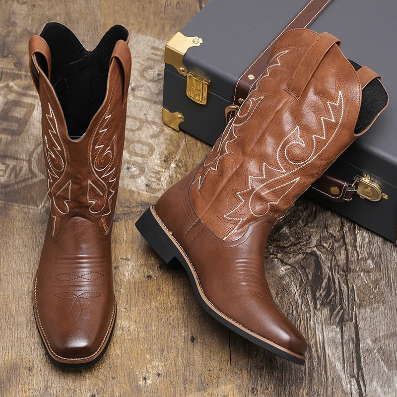 Men's Shoes Boots Autumn Western Cowboy Mid-calf Western Boots Men Black Brown Cowboy Boots Handmade Leather Shoes New Punk Man Women Unisex Riding Boots