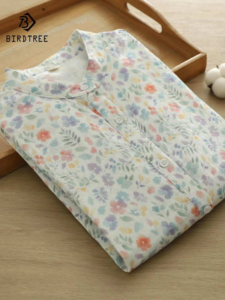 

New 2025 Autumn Cotton Yarn Long Sleeve Shirt, Women Stand Floral Print, Mori Girl Soft Versatile Commute Loose Blouse T57048CC