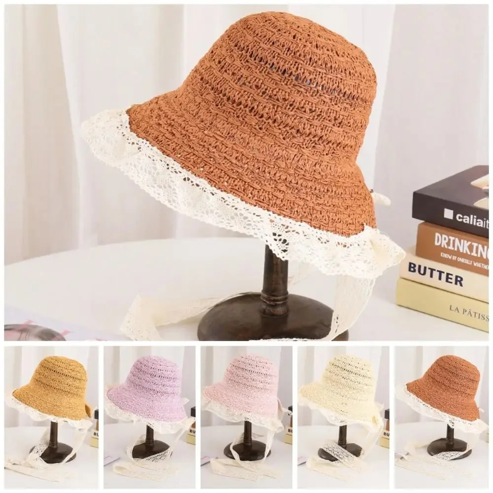 

Fashion Breathable Sun Hat Lace Hollowed Out Bow UV Protection Beach Hat Portable Wide Brim Straw Cap Beach