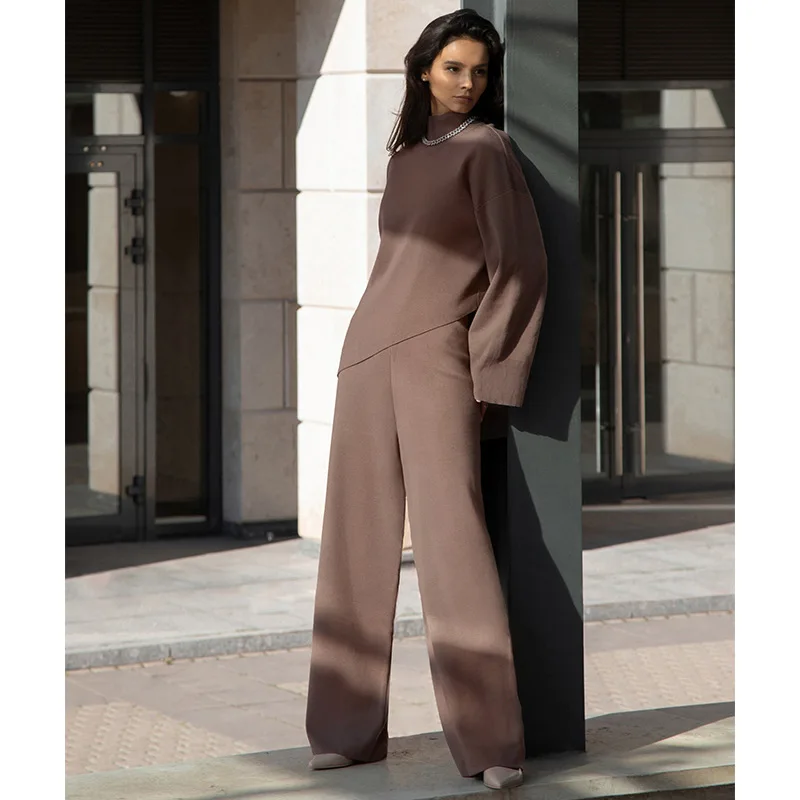 Solid High Neck Knitted 2 Pieces Pant Set Cozy Long Sleeve Tailoring Top Wide Leg Pants Loose Casual Fall Winter Women Outfits