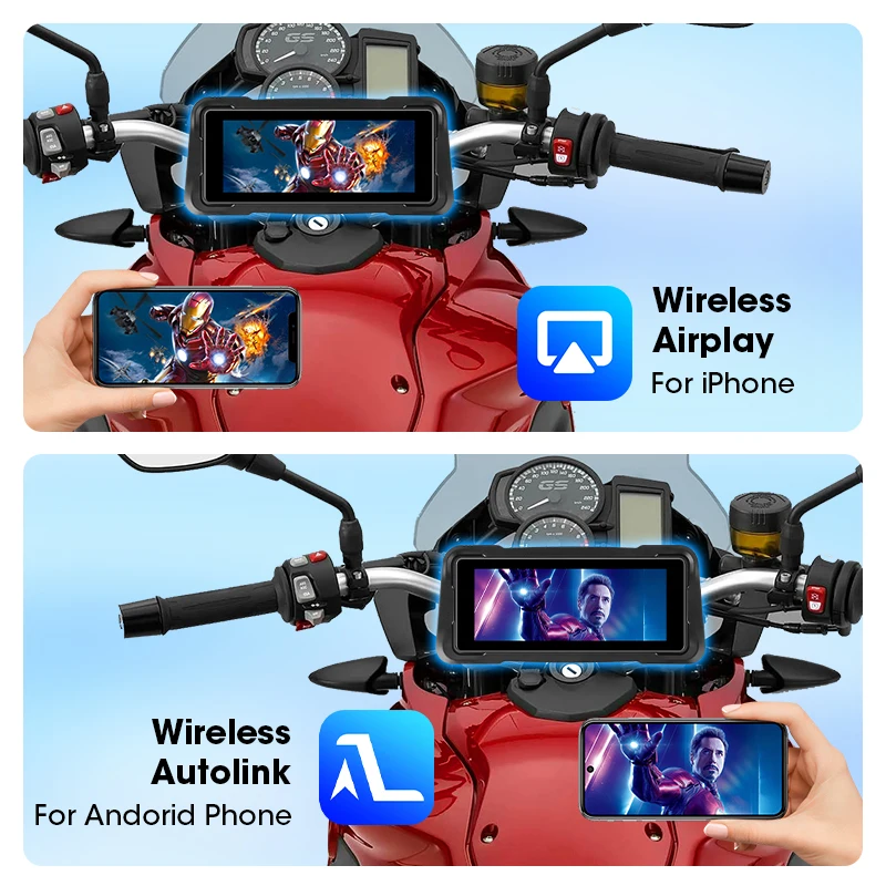 7" Motorcycle Portable Wireless CarPlay Android Auto Airplay Display Screen Waterproof DashCam Navigation Bluetooth Moto Monitor