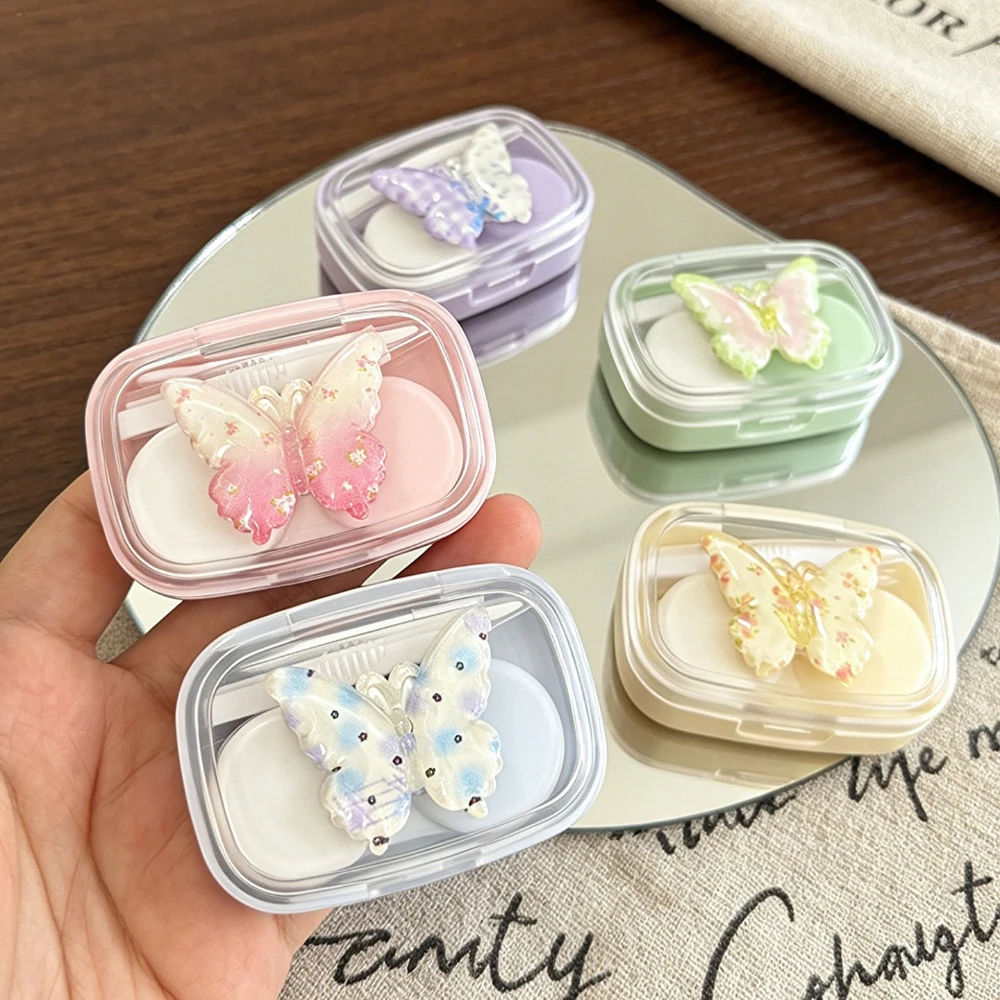 Colored Butterfly Contact Lens Case Contact Lens Cases Girl Portable Beauty Pupil Box Lens Tweezer Stick Storage Container Box