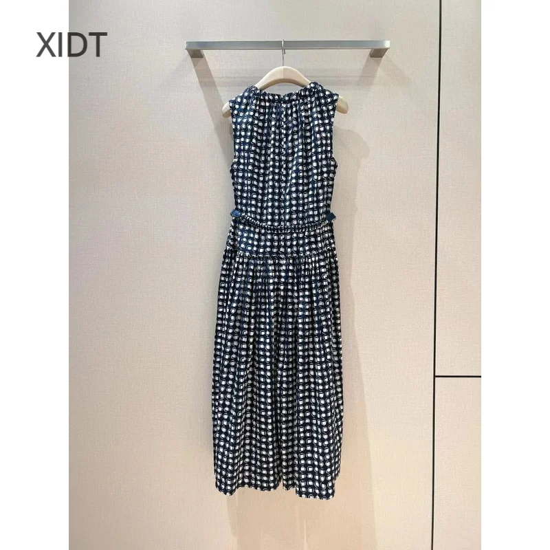 2024 Summer New Checkered Printed Sleeveless Dress Slim fit mid length design with high waist