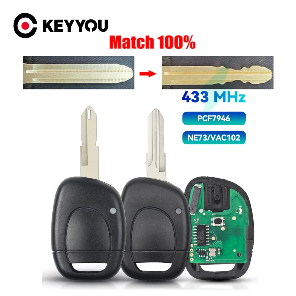 

KEYYOU With Cutting Service Car Remote Alarm Key Fit For Renault Master Kangoo Clio Twingo NE72 VAC102 Blade PCF7946 Chip 433MHZ