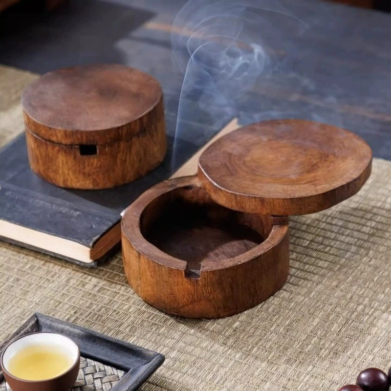 Natural Wooden Carved Ashtray Decorative Wood Lidded Ash Tray Cigarette Holder Tobacco Smoking Utensil Art and Craft Accessories