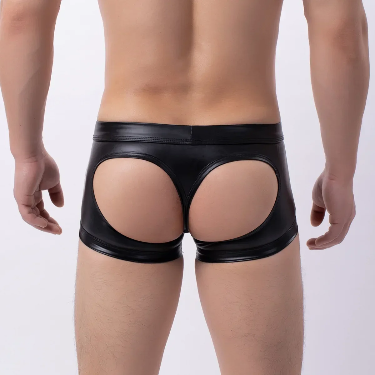 

Open Buttocks Boxer Shorts for Men Erotic Low Waist U Convex Pouch T Back Thong PU Leather Nightclub Gays Sexy Back Hollow Trunk