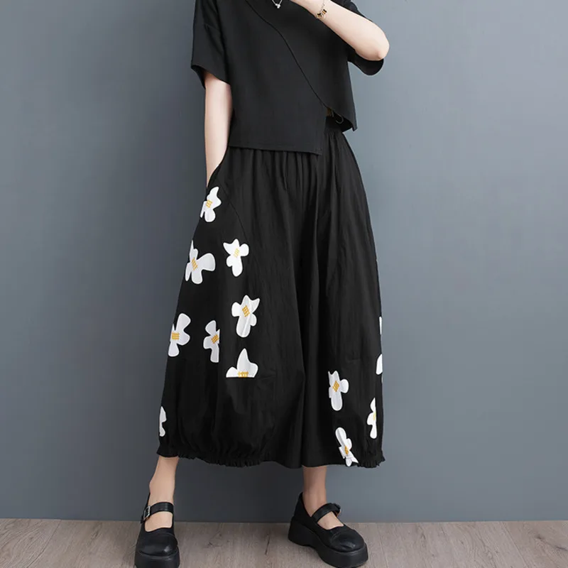 #2907 Floral Print Wide Leg Pants High Waisted Vintage Baggy Pants Female Thin Loose Calf-length Black Trousers Women Streetwear