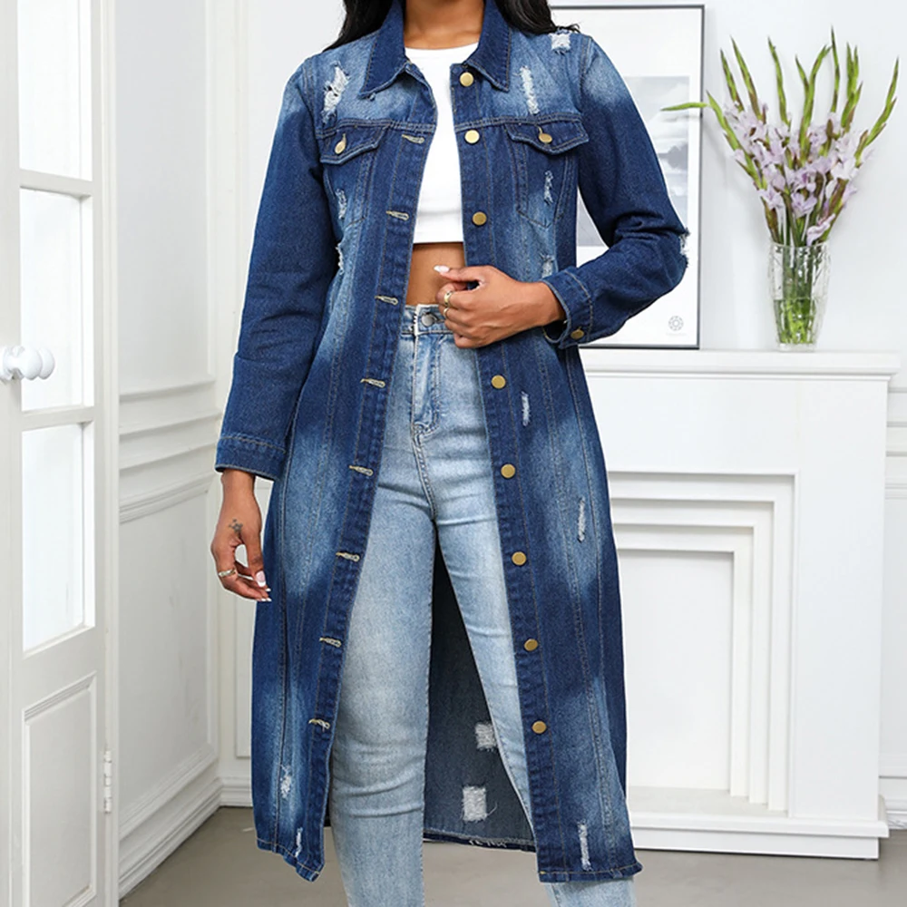Trench da donna in denim stile buco monopetto al ginocchio stile giacca di jeans con design sfumato rovesciato soprabito blu