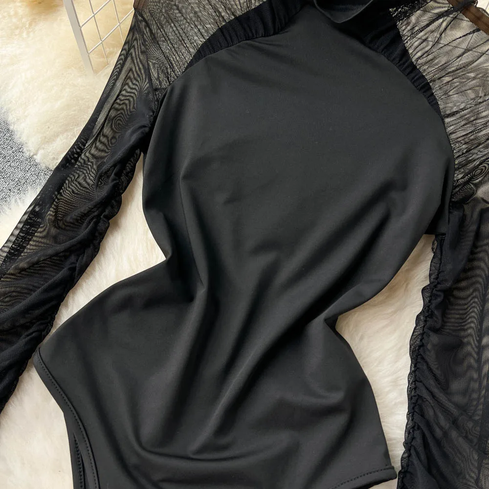 Sexy Gauze Folds Solid Bodysuit Fashion Long Sleeve O-neck One Piece Basic Hotsweet Women Gothic Slim Streetwear Jumpsuit Ins