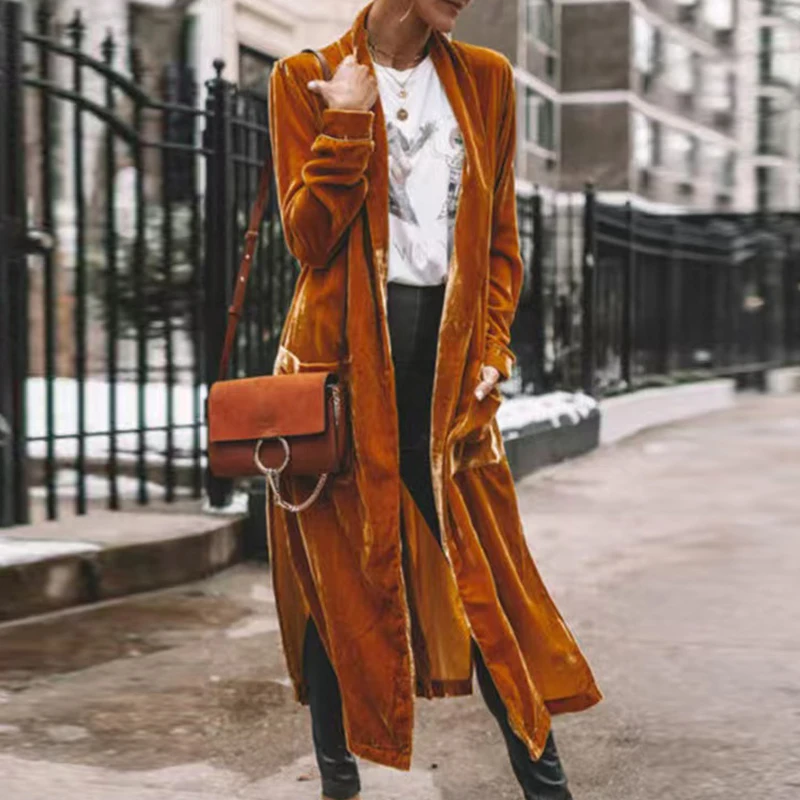 

Women's Outerwear Autumn and Winter Street Trendsetters women's Loose Gold Velvet Elastic Long Jacket