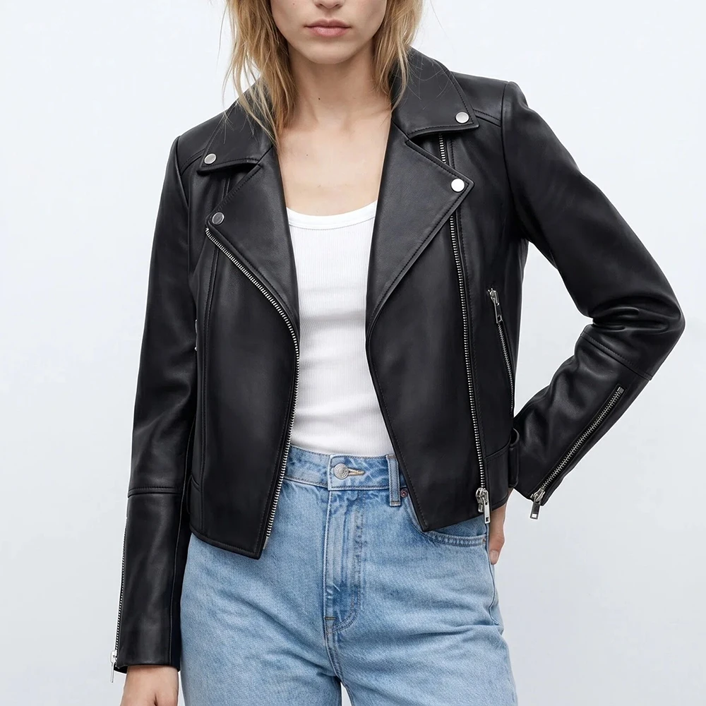 

100% Real Leather Jackets Women Black Zipper Short Coats 2026 Casual Lapel Slim-fit Female Cool Motor & Cycle Sheepskin Jackets