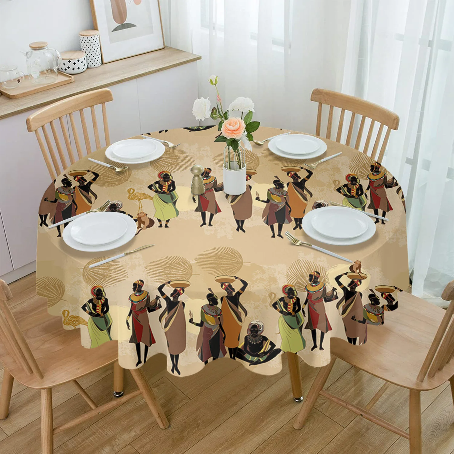 Ethnic Style African Women Black Women Round Tablecloth Waterproof Wedding Party Table Cover Xmas Dining Table Tablecloth