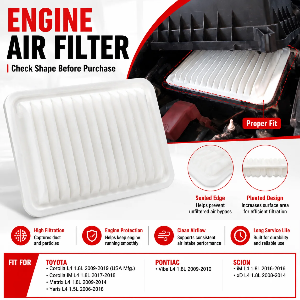 PINMOAP Engine Air Filter fit for Toyota Corolla Matrix Yaris Scion iM Pontiac17801-0D060 17801-0T030 17801-21050 17801-YZZ05