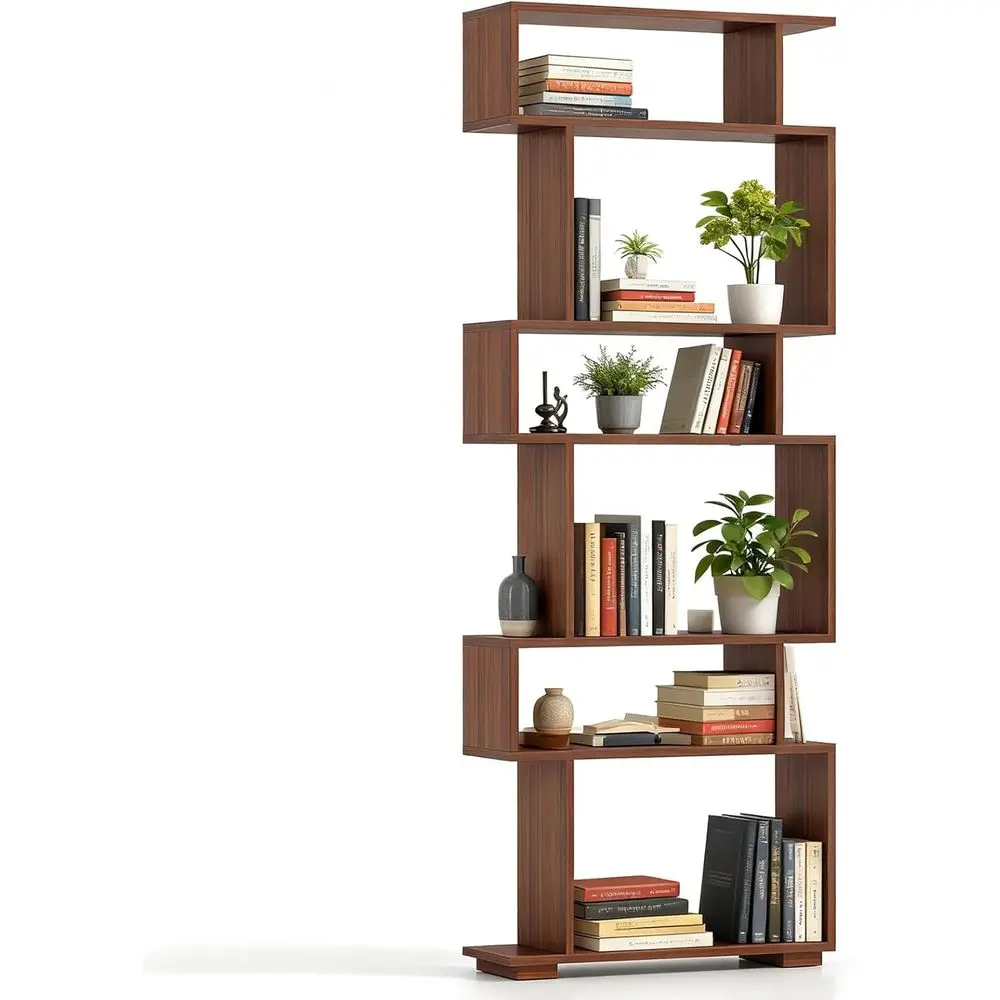 

6-Tier S-Shaped Wooden Bookshelf with Anti-Tipping Kits for Home and Office, Walnut Finish