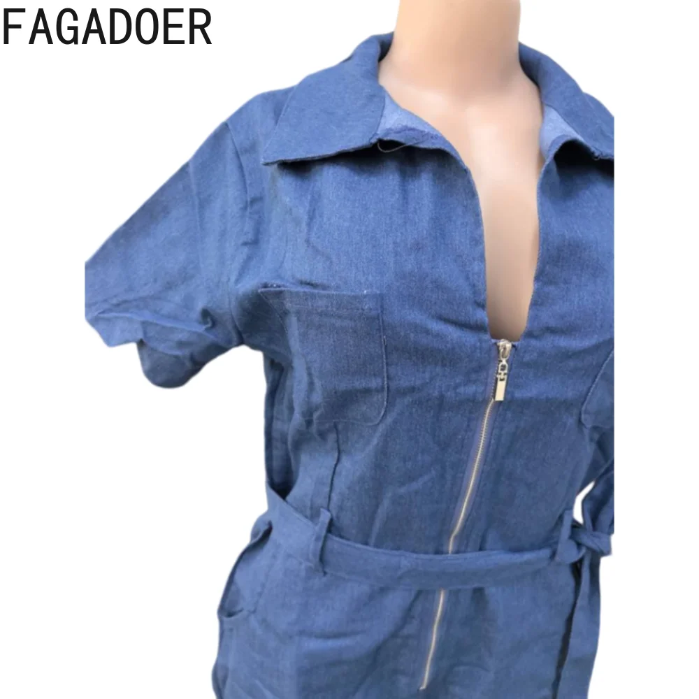 Fagadoer-macacões jeans com bolso para mulher, macacão jeans, manga curta, slim, com cordões e zíper, moda