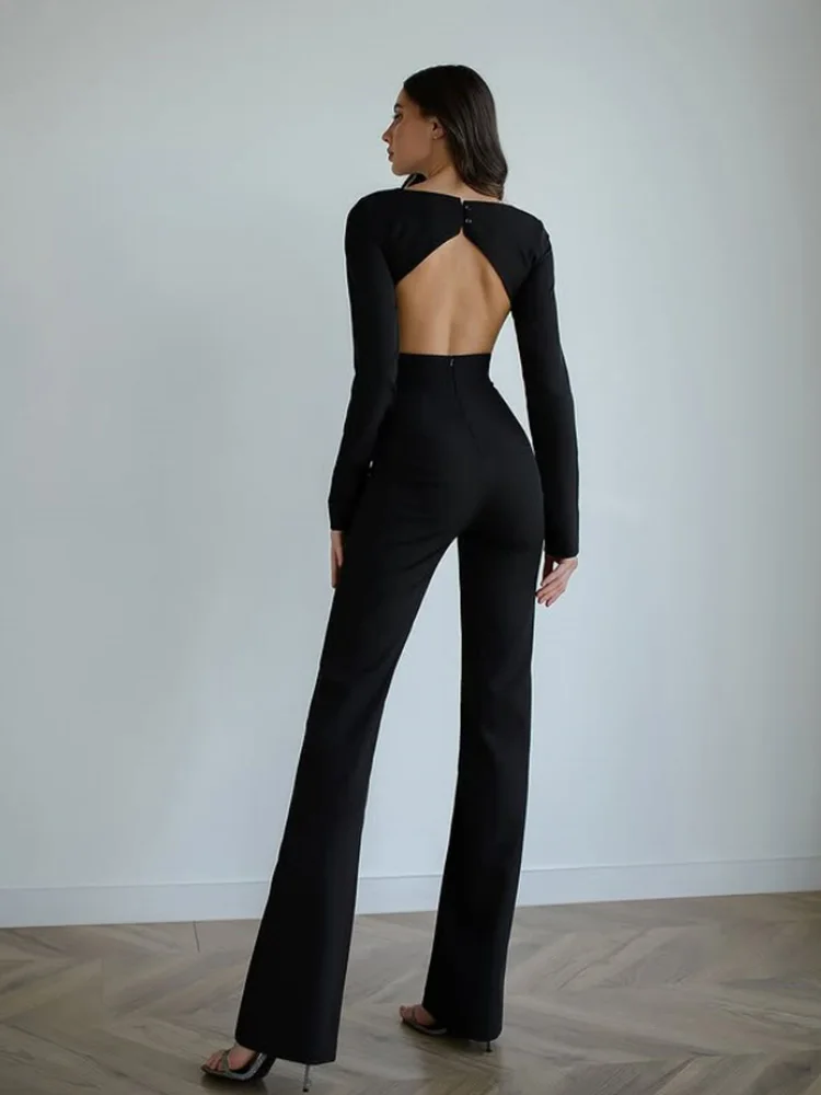 Ahagaga ハイエンド レディース ジャンプスーツ ソリッド O ネック レギュラー 長袖 バックレス スキニー カジュアル オフィス トレンド 女性 ロンパース ジッパー