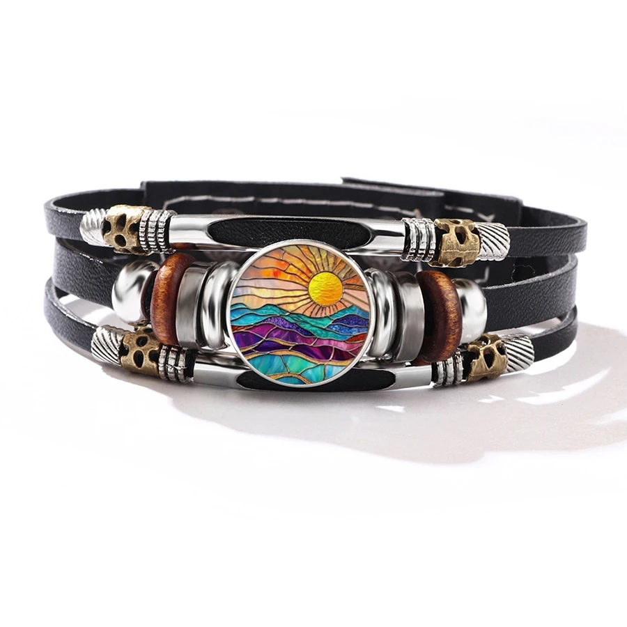 Vintage Multi-Layer Leather Bracelet With Round Glass Sunset Mountain Landscape Charm Boho Vintage Bracelet For Women Man