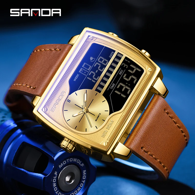 SANDA 6163 nuevo reloj electrónico Digital de cuero de cuarzo para hombre, relojes deportivos de cuenta atrás, reloj de pulsera con pantalla Dual, reloj Masculino
