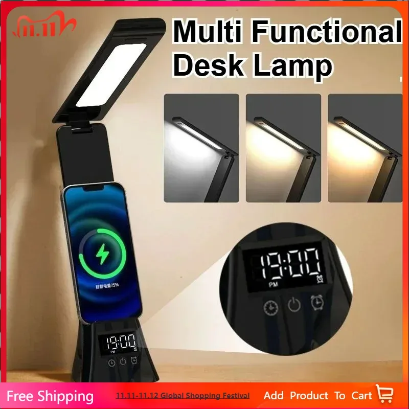 

Multifunction LED Desk Lamp Wireless Charger Digital Clock Alarm USB Dimmable 3 Colors Study Light for Office Bedroom